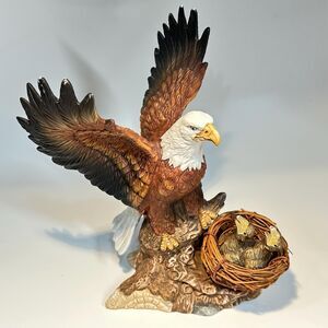Majestic Bald Eagle Figurine with Eaglets, Vintage LaVie Porcelain Sculpture